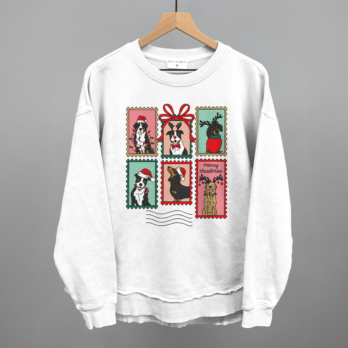 Dog Christmas Stamps Doodle Funny Oversized Terry Poncho in White – Ivy + Cloth