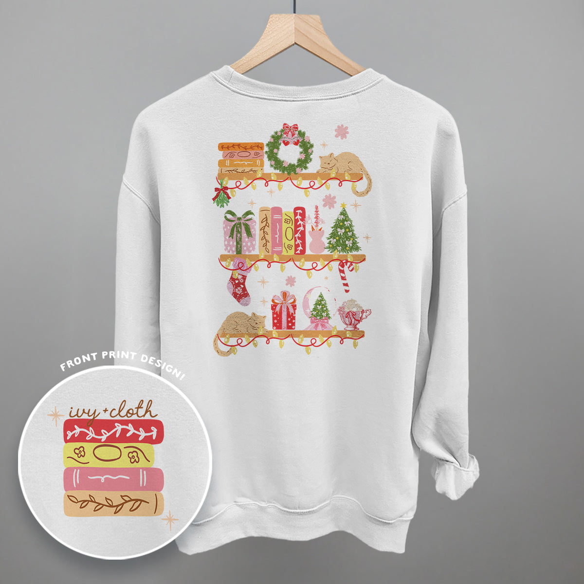 Holiday Bookshelf Doodles (Back Print) Funny Shirt & Sweatshirt in White – Ivy + Cloth