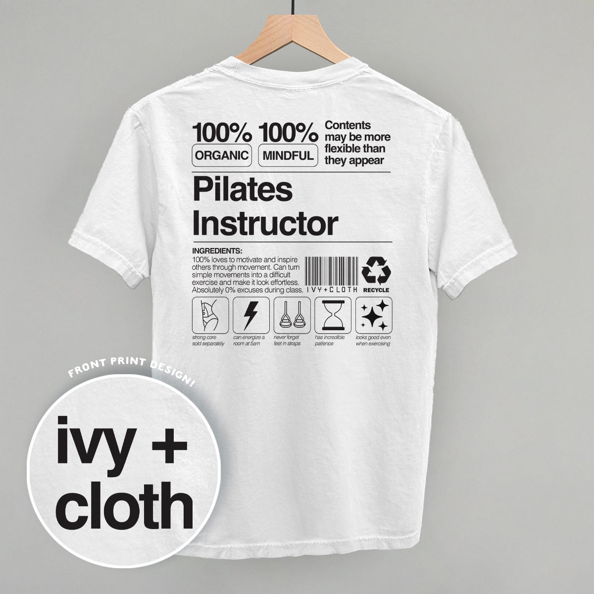 Pilates Instructor Nutrition Facts (Back Print) Funny Shirt & Sweatshirt in White – Ivy + Cloth