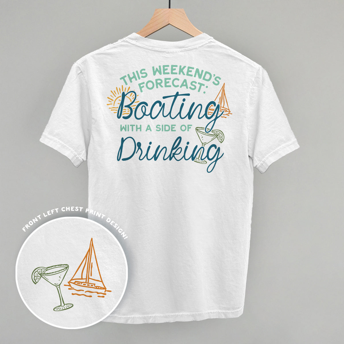Weekend Forecast- Boating and Drinking (Back Print) Funny Shirt & Sweatshirt in White – Ivy + Cloth