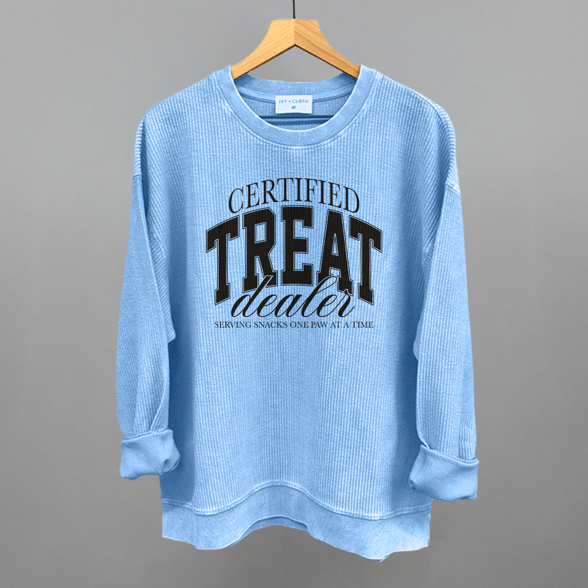 Certified Treat Dealer graphic oversized corded crew in Pacific Blue