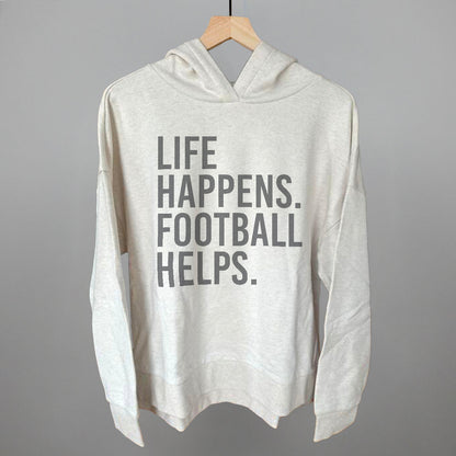 Life Happens. Football Helps. Funny Terry Hoodie in Heather Almond – Ivy + Cloth