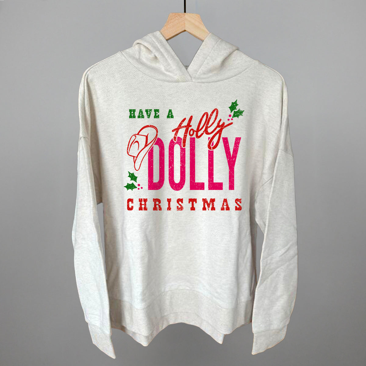 Holly Dolly Christmas Funny Terry Hoodie in Heather Almond – Ivy + Cloth