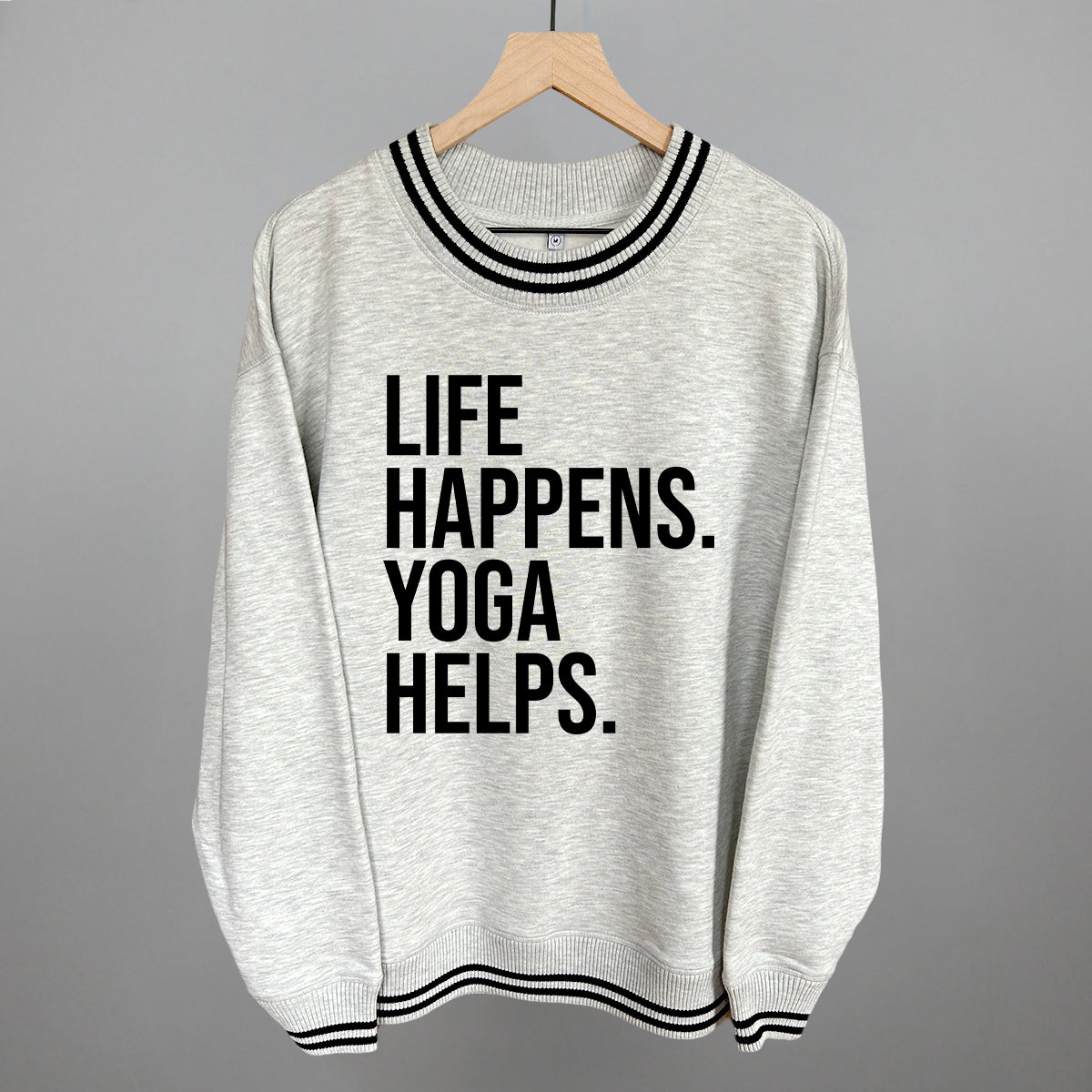 Life Happens Yoga Helps Funny Oversized Varsity Crewneck Sweatshirt in Heather Grey – Ivy + Cloth