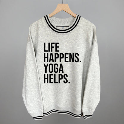 Life Happens Yoga Helps Funny Oversized Varsity Crewneck Sweatshirt in Heather Grey – Ivy + Cloth