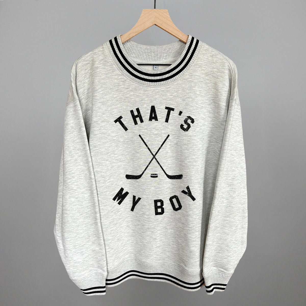 That's My Boy Hockey Funny Oversized Varsity Crewneck Sweatshirt in Heather Grey – Ivy + Cloth