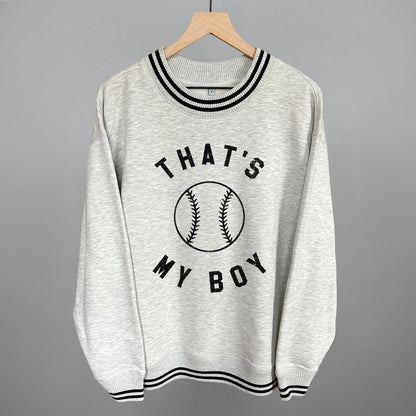 That's My Boy Baseball (Black} Funny Oversized Varsity Crewneck Sweatshirt in Heather Grey – Ivy + Cloth
