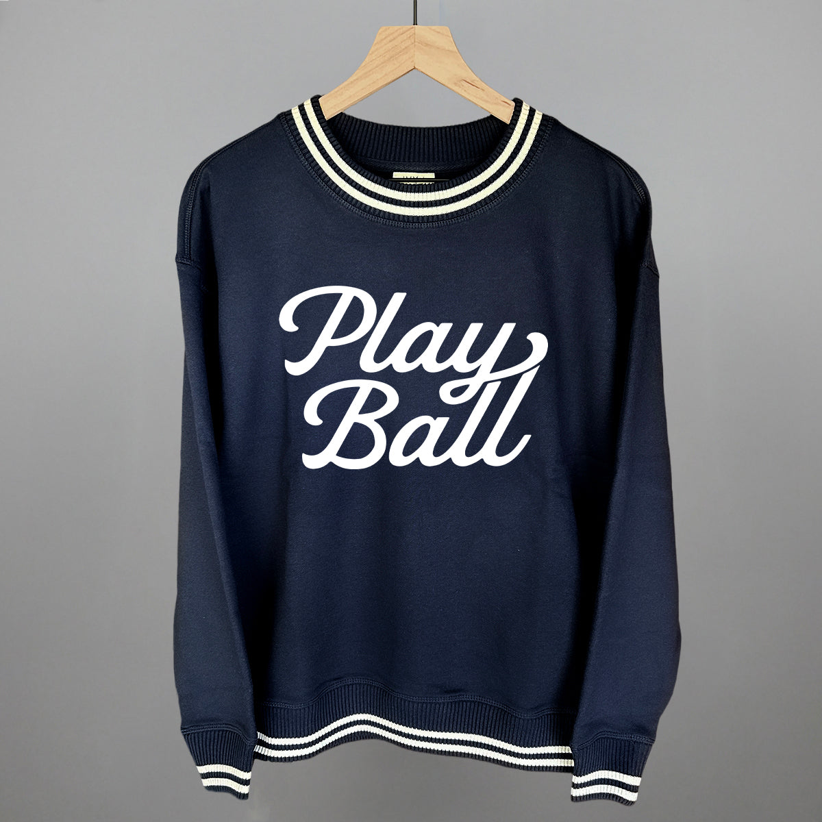 Play Ball (Vintage Script White) Funny Oversized Varsity Crewneck Sweatshirt in Navy – Ivy + Cloth