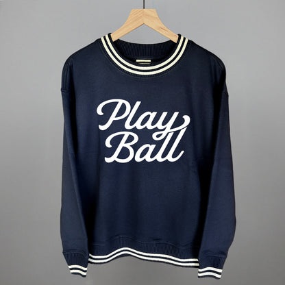 Play Ball (Vintage Script White) Funny Oversized Varsity Crewneck Sweatshirt in Navy – Ivy + Cloth