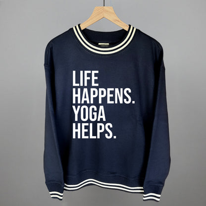 Life Happens Yoga Helps Funny Oversized Varsity Crewneck Sweatshirt in Navy – Ivy + Cloth
