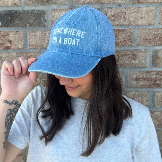 Somewhere On A Boat Embroidered Lake Hat in Denim