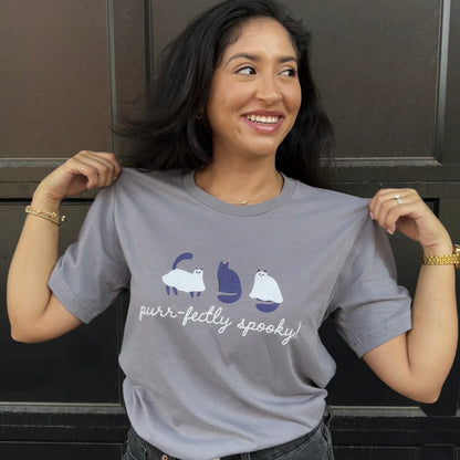 Purr-fectly Spooky Cat Halloween graphic shirt and sweatshirt
