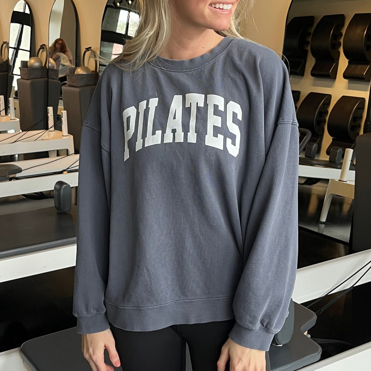Pilates Arch (White) Funny Oversized Varsity Crewneck Sweatshirt – Ivy + Cloth