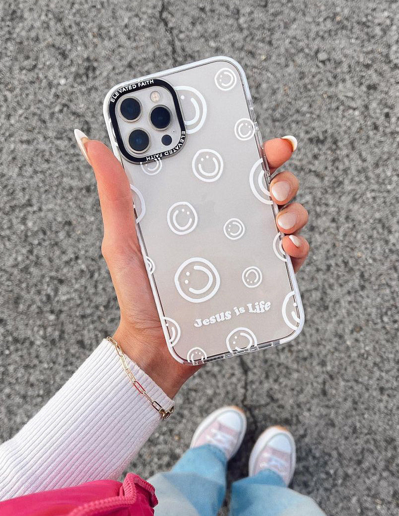 Elevated Faith Christian iPhone Case with smiley face design and 'Jesus is Life' text