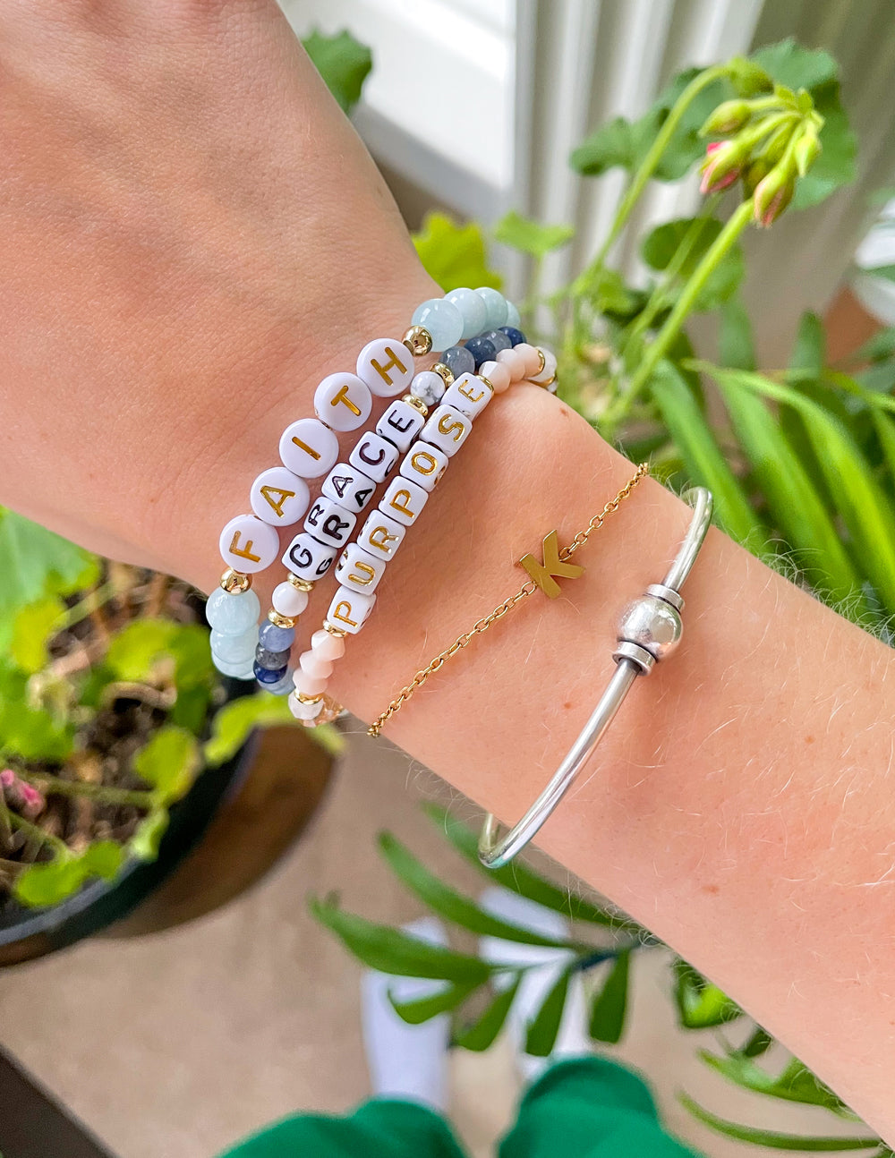 Elevated Faith Christian Jewelry Bracelet with beaded letters spelling Faith, Grace, and Purpose