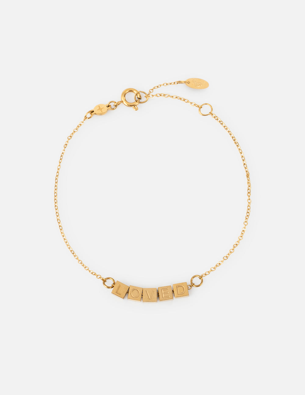 Elevated Faith Christian Jewelry Bracelet with gold chain and beads spelling 'LOVED'