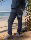 Elevated Faith Sweatpant in navy blue featuring butterfly design, ideal Christian Apparel for comfort and style