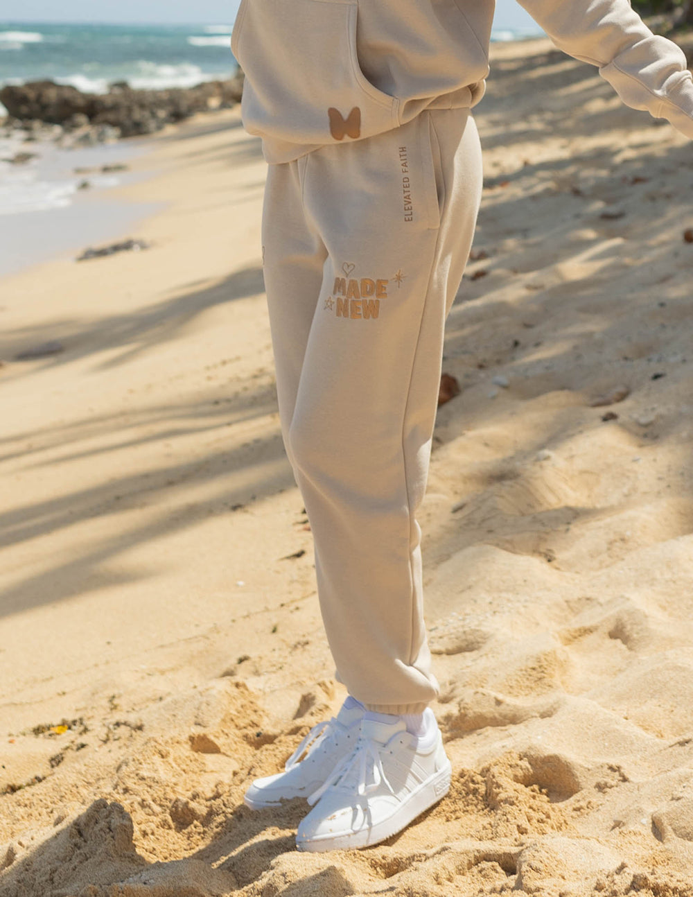Elevated Faith Made New Sweatpants in Beige, perfect for casual wear in Christian Apparel