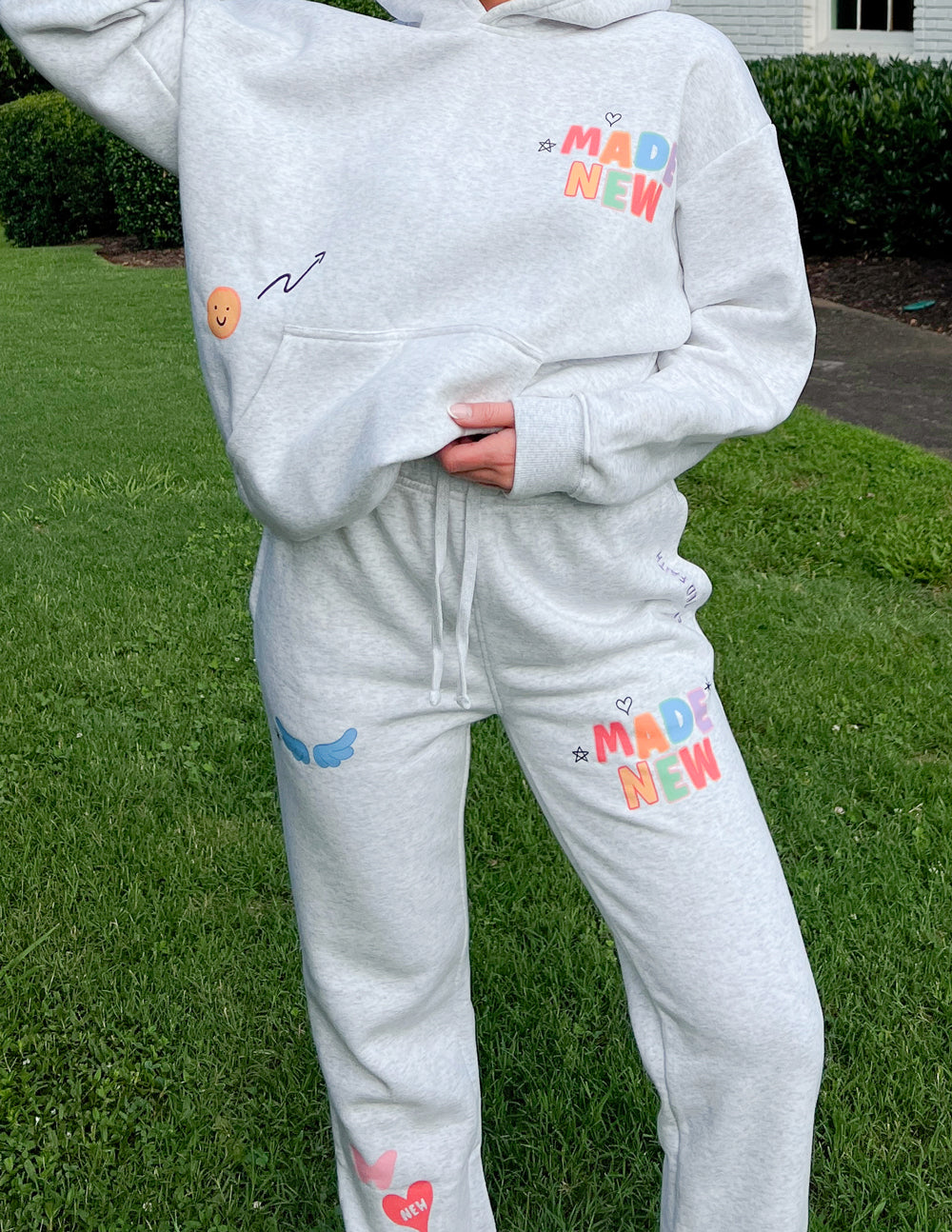 Elevated Faith Made New Sweatpants in Gray featuring colorful graphic designs, perfect for Christian Apparel