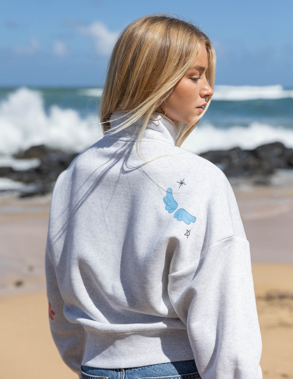 Elevated Faith Christian Jacket in light gray featuring blue dove graphics on the back