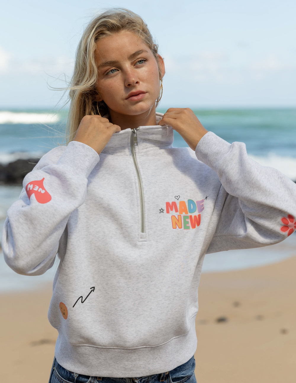 Elevated Faith Christian Jacket in gray with colorful MADE NEW graphic and quarter-zip design