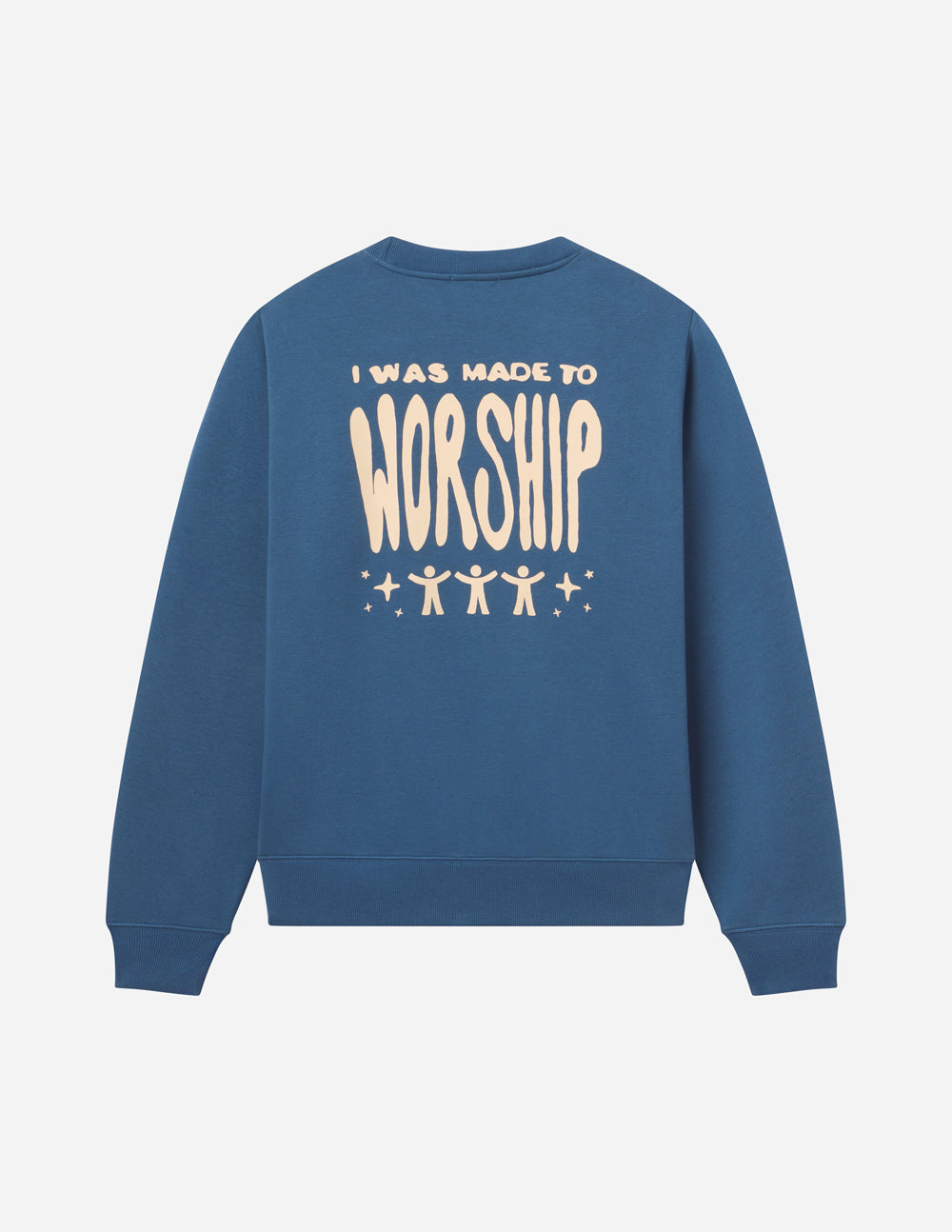Elevated Faith Christian Crewneck Sweatshirt in Blue with 'I Was Made to Worship' Print on Back