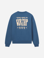 Elevated Faith Christian Crewneck Sweatshirt in Blue with 'I Was Made to Worship' Print on Back