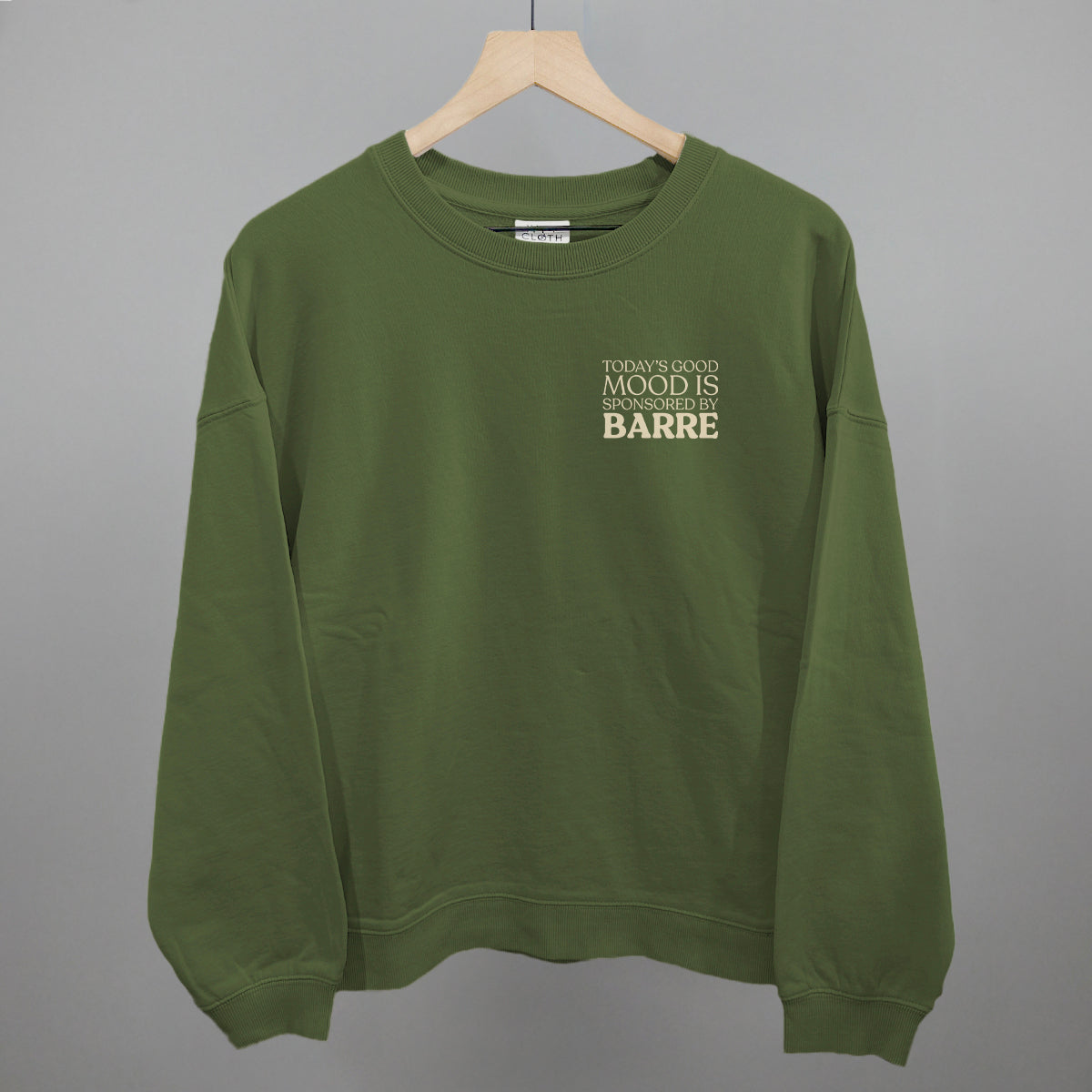 Good Mood Sponsored By Barre (Left Chest) Funny Oversized Boxy Crewneck Sweatshirt in Moss – Ivy + Cloth