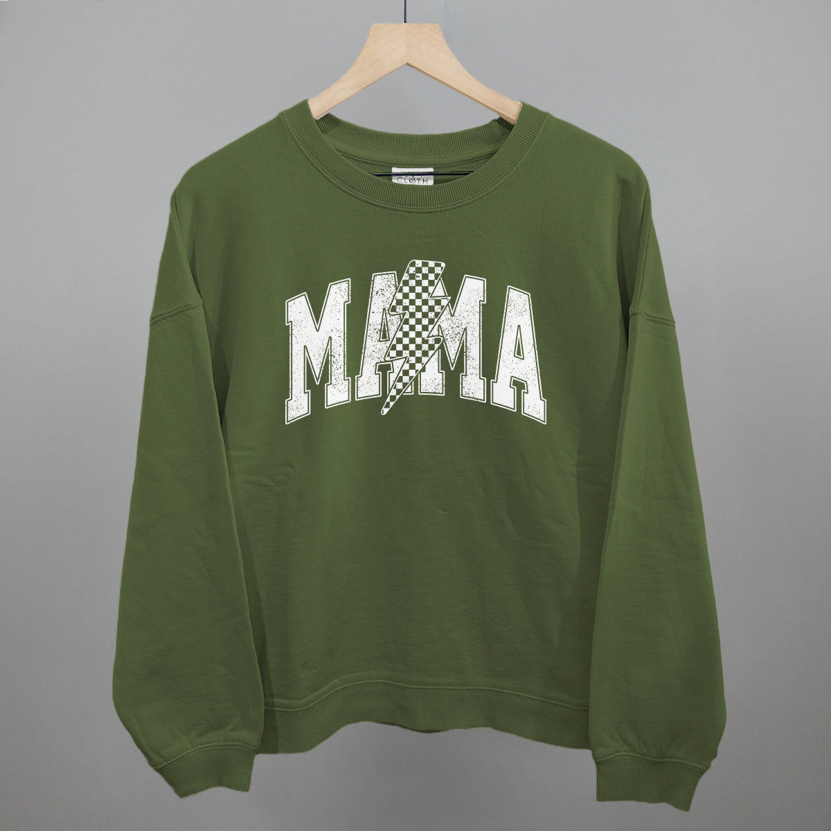 Mama Lightning Bolt Checkered graphic oversized boxy crew in Moss