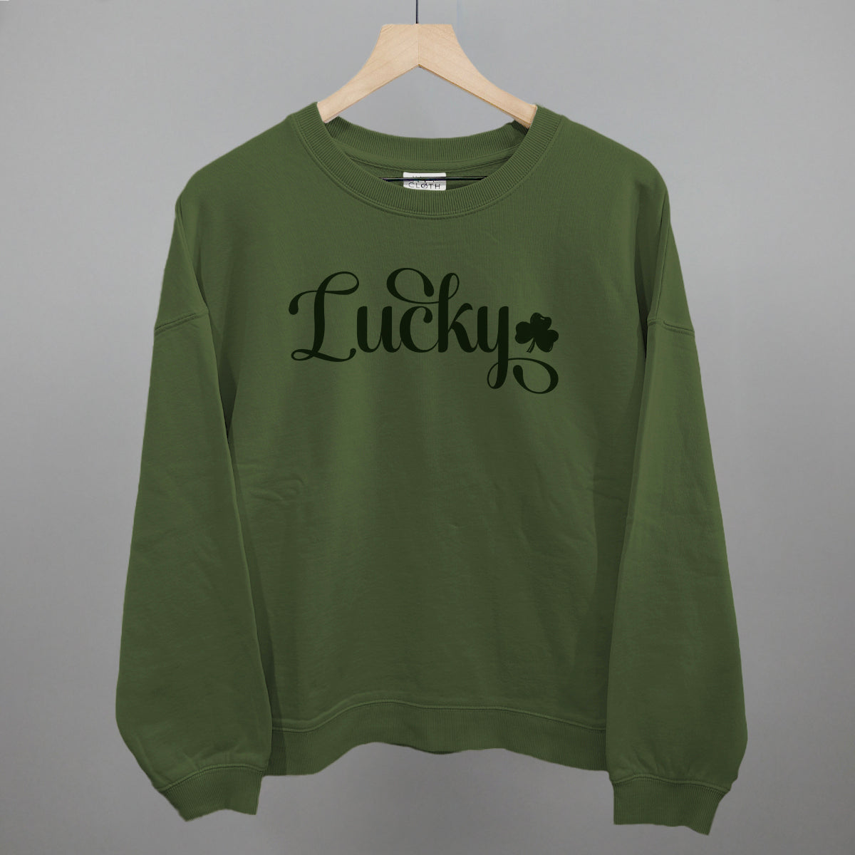 Lucky Script + Clover Funny Oversized Boxy Crewneck Sweatshirt in Moss – Ivy + Cloth