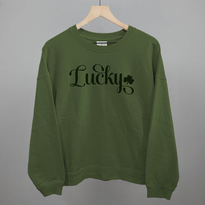 Lucky Script + Clover Funny Oversized Boxy Crewneck Sweatshirt in Moss – Ivy + Cloth
