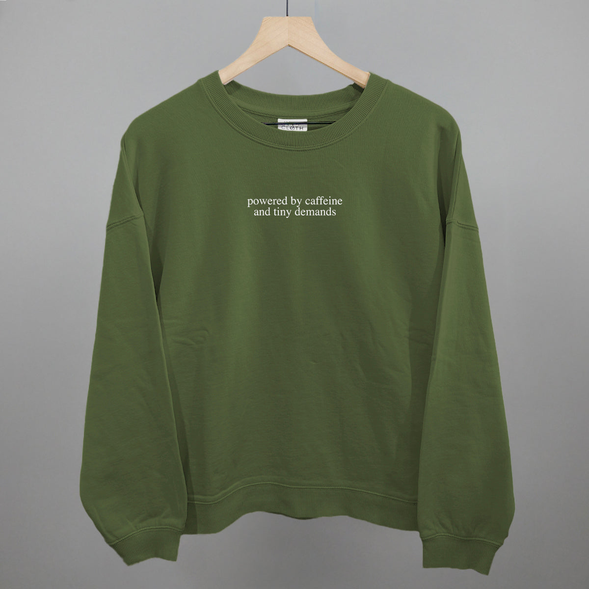 Caffeine and Tiny Demands graphic oversized boxy crew in Moss