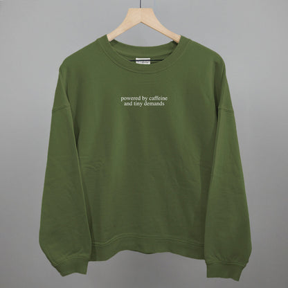 Caffeine and Tiny Demands graphic oversized boxy crew in Moss