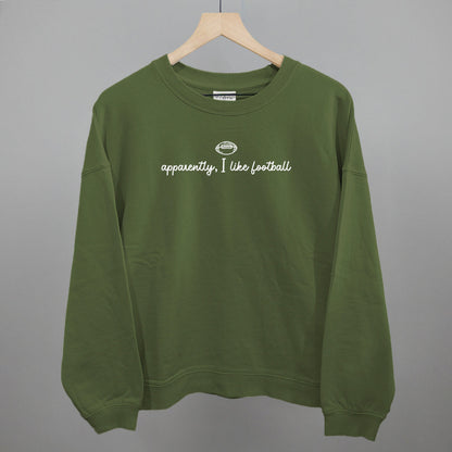 Apparently I Like Football graphic oversized boxy crew in Moss