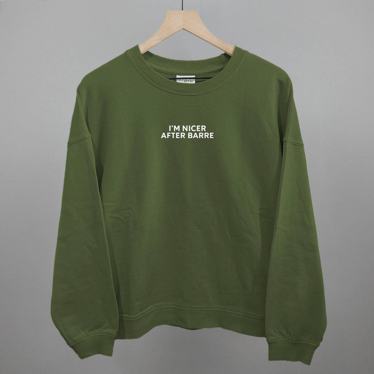 I'm Nicer After Barre graphic oversized boxy crew in Moss