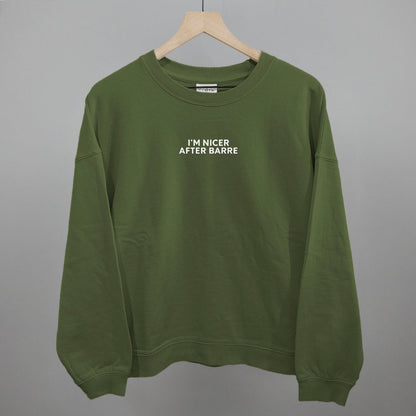 I'm Nicer After Barre graphic oversized boxy crew in Moss