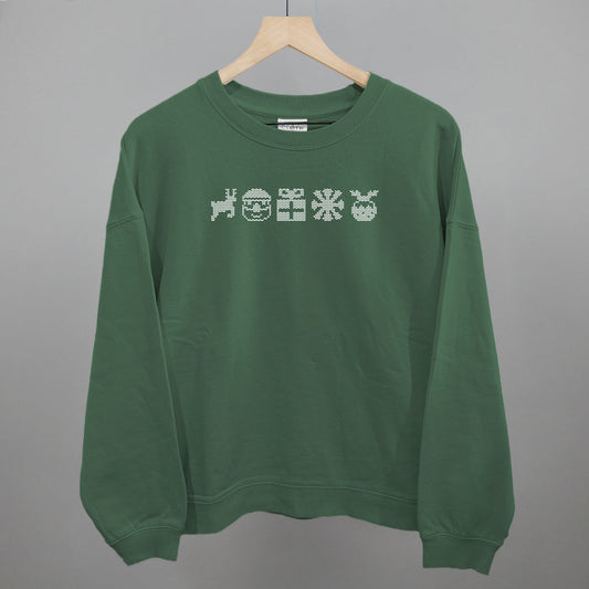 Holiday Icons Sweater Font Funny Oversized Boxy Crewneck Sweatshirt in Myrtle – Ivy + Cloth