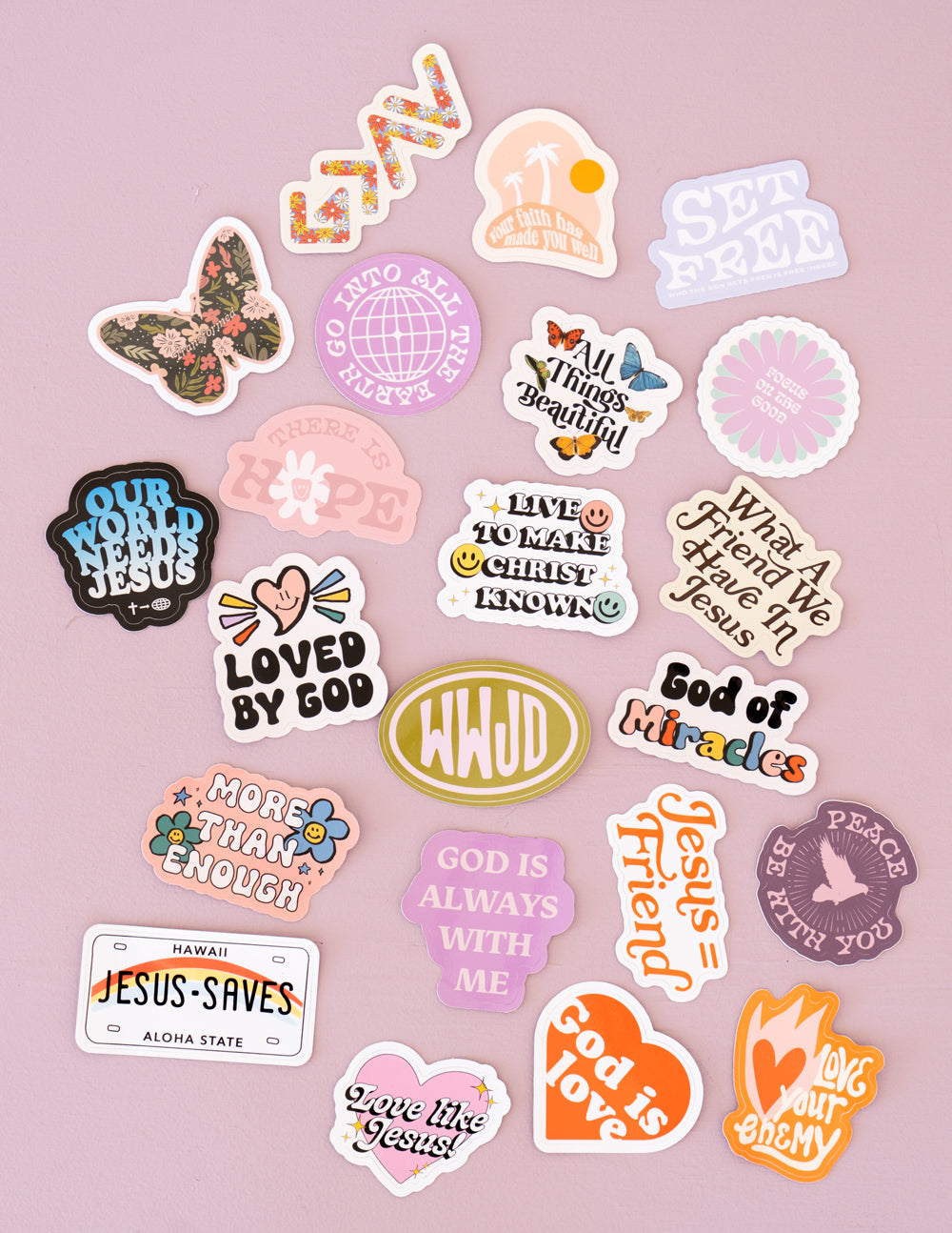 Variety of Elevated Faith Christian Stickers featuring inspirational quotes and colorful designs