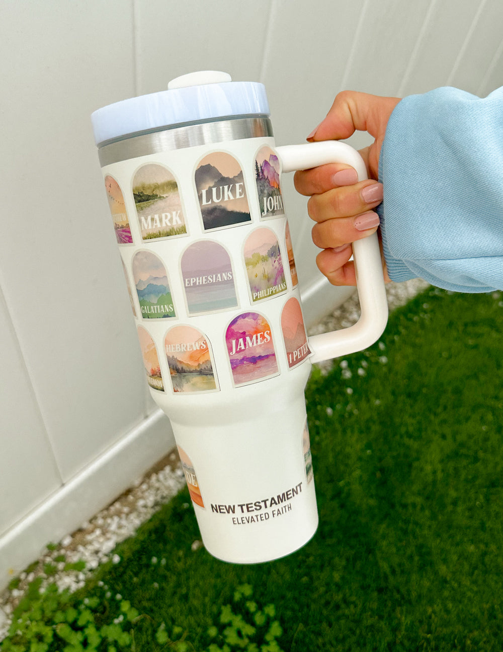 Elevated Faith New Testament Tumbler with Bible Book Covers, perfect Christian Gifts for everyday use