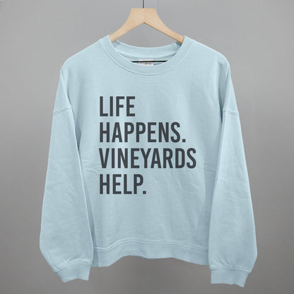 Life Happens Vineyards Help Wine graphic oversized boxy crew in Nantucket Breeze