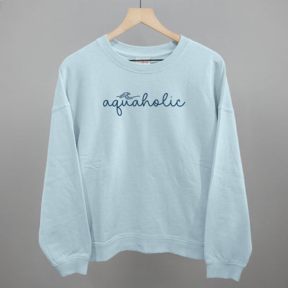 Aquaholic Beach graphic oversized boxy crew in Nantucket Breeze