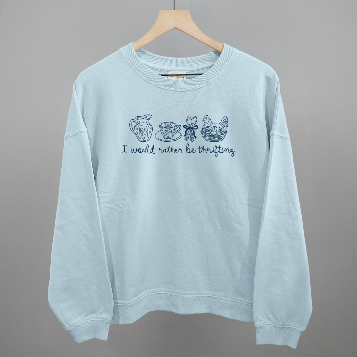 I Would Rather Be Thrifting graphic oversized boxy crew in Nantucket Breeze