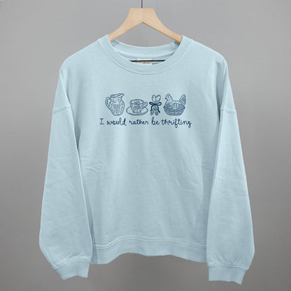 I Would Rather Be Thrifting graphic oversized boxy crew in Nantucket Breeze