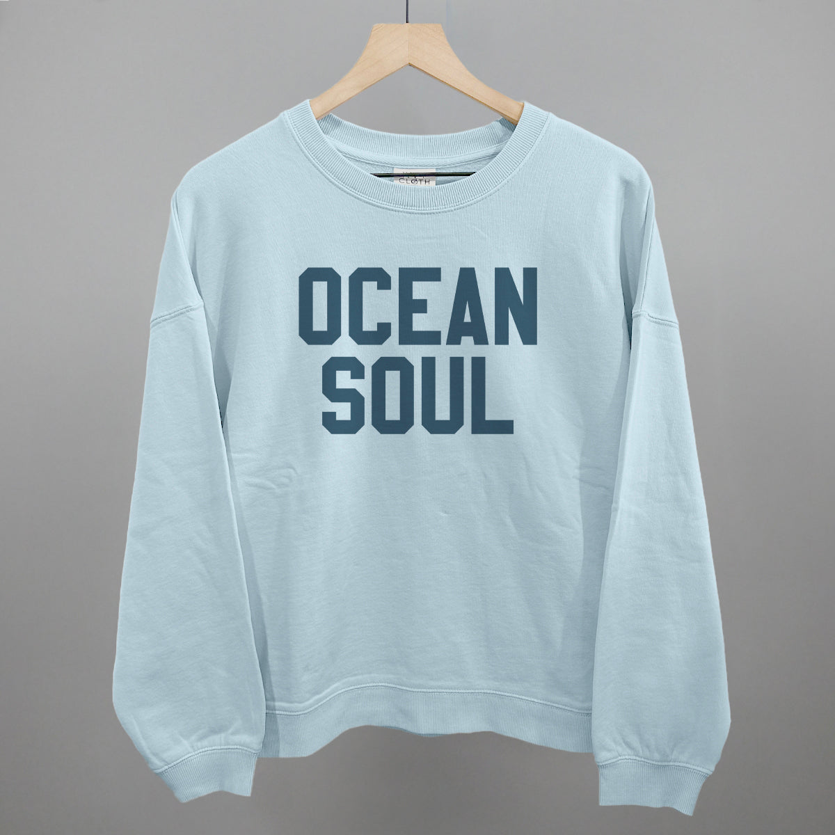 Ocean Soul Beach graphic oversized boxy crew in Nantucket Breeze