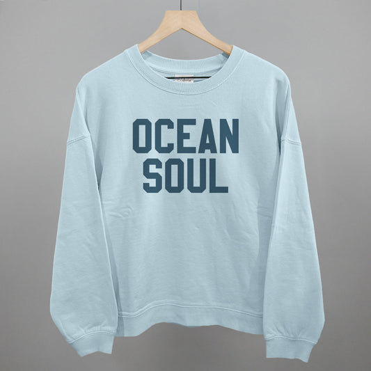 Ocean Soul Beach graphic oversized boxy crew in Nantucket Breeze