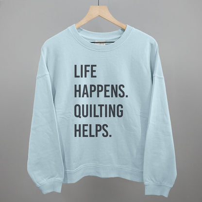 Life Happens Quilting Helps graphic oversized boxy crew in Nantucket Breeze