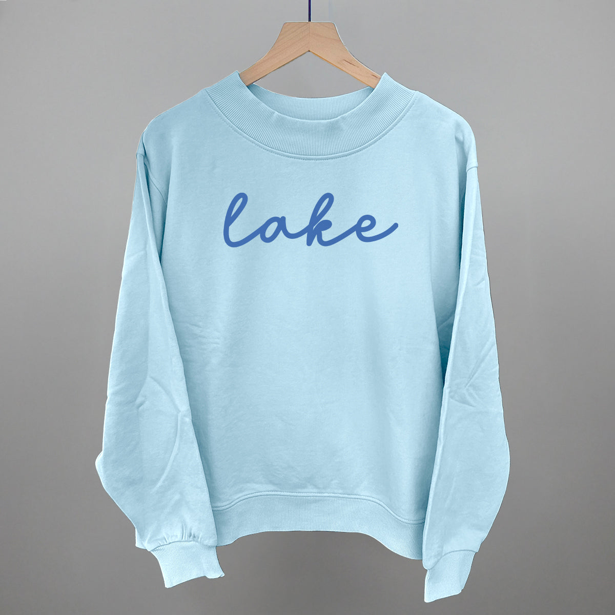 Lake Life Script graphic French terry mockneck in Nantucket Breeze
