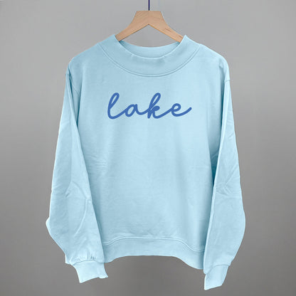 Lake Life Script graphic French terry mockneck in Nantucket Breeze