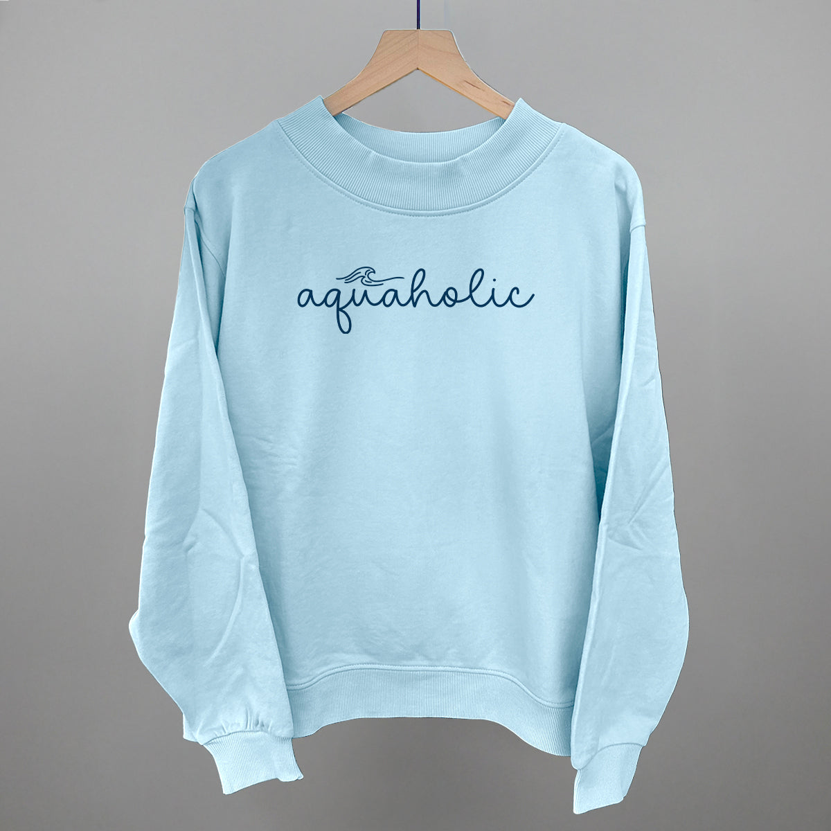 Aquaholic Beach graphic French terry mockneck in Nantucket Breeze