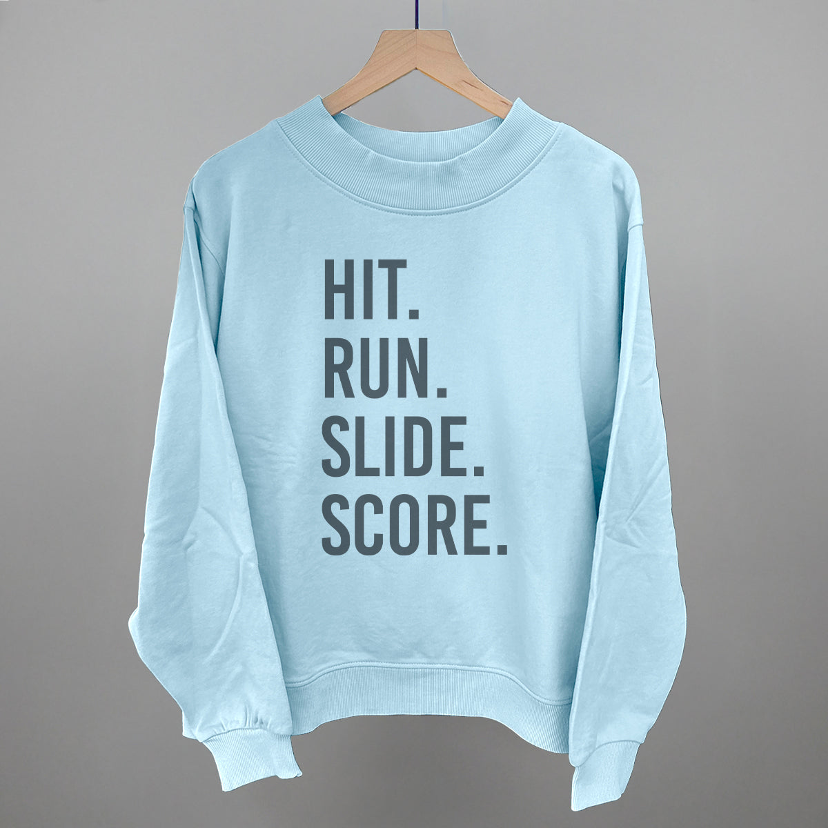 Hit Run Slide Score Baseball graphic French terry mockneck in Nantucket Breeze